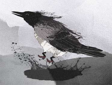 Varis lätäkössä. <em>Tilauskoodi: silityskuva-38. Koko: 13 x 9,5 cm</em>